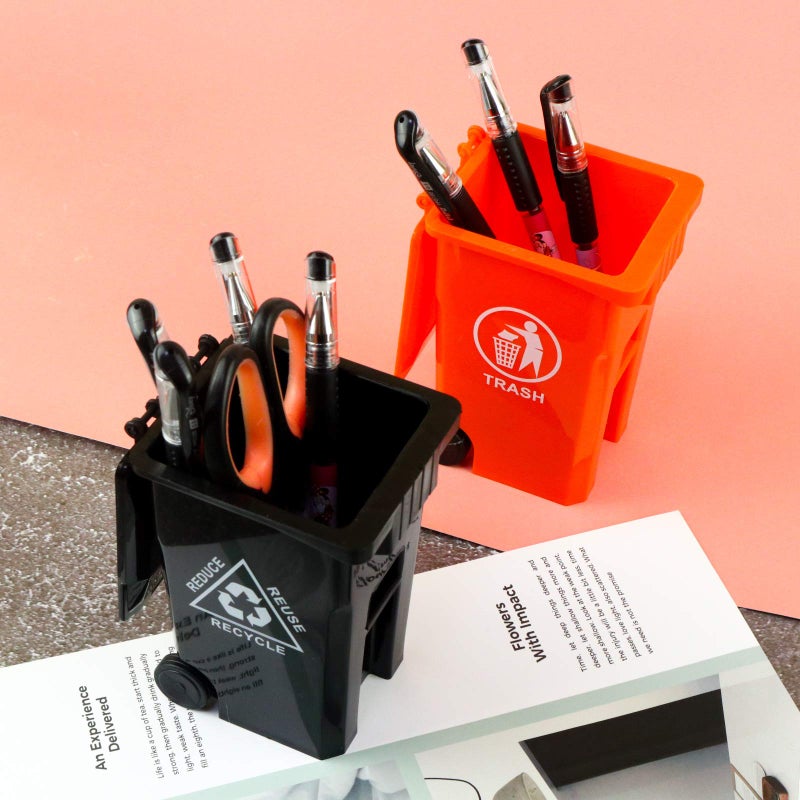 Wiosi Mini Garbage Trash Pen Holder for Desk and Tiny Recycle Bin Pencil Holder Black & Orange, Pack of 2 - Storage for Pencil & Pen | Office Stationery to Organize The Desk | Ideal for Student Work - Image 5
